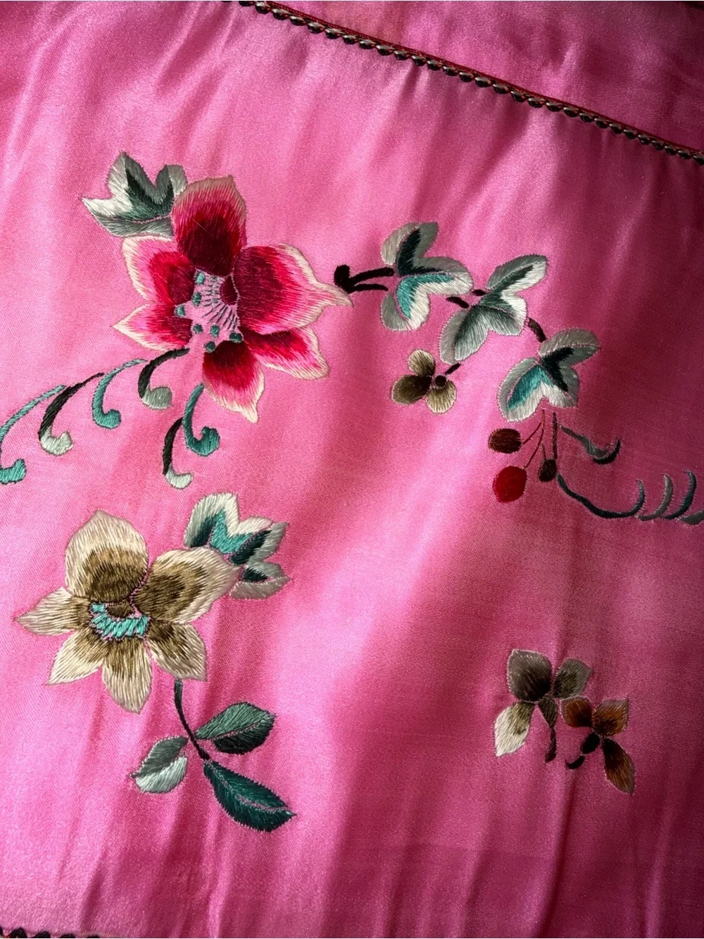 Pink Floral Embroidered Silk Pillow Case
